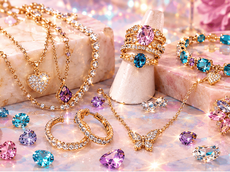 Gold-tone crystal jewellery on pink marble: rhinestone necklaces with heart and butterfly pendants, stacked crystal rings, hoop earrings, and loose cut gems in pink, purple and teal.